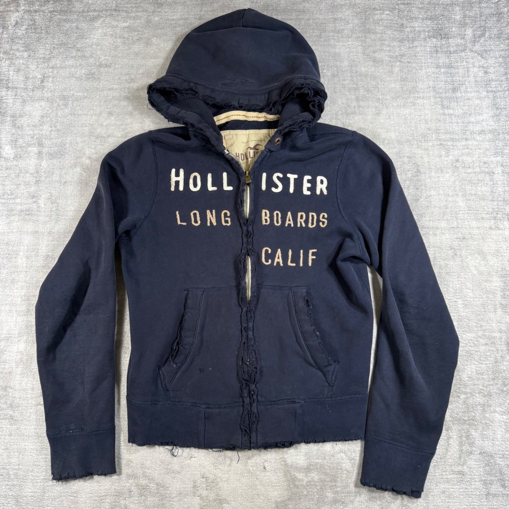 Hollister Sweatshirt Mens Medium Blue Distressed Long Boards Y2K Full Zip Hoodie